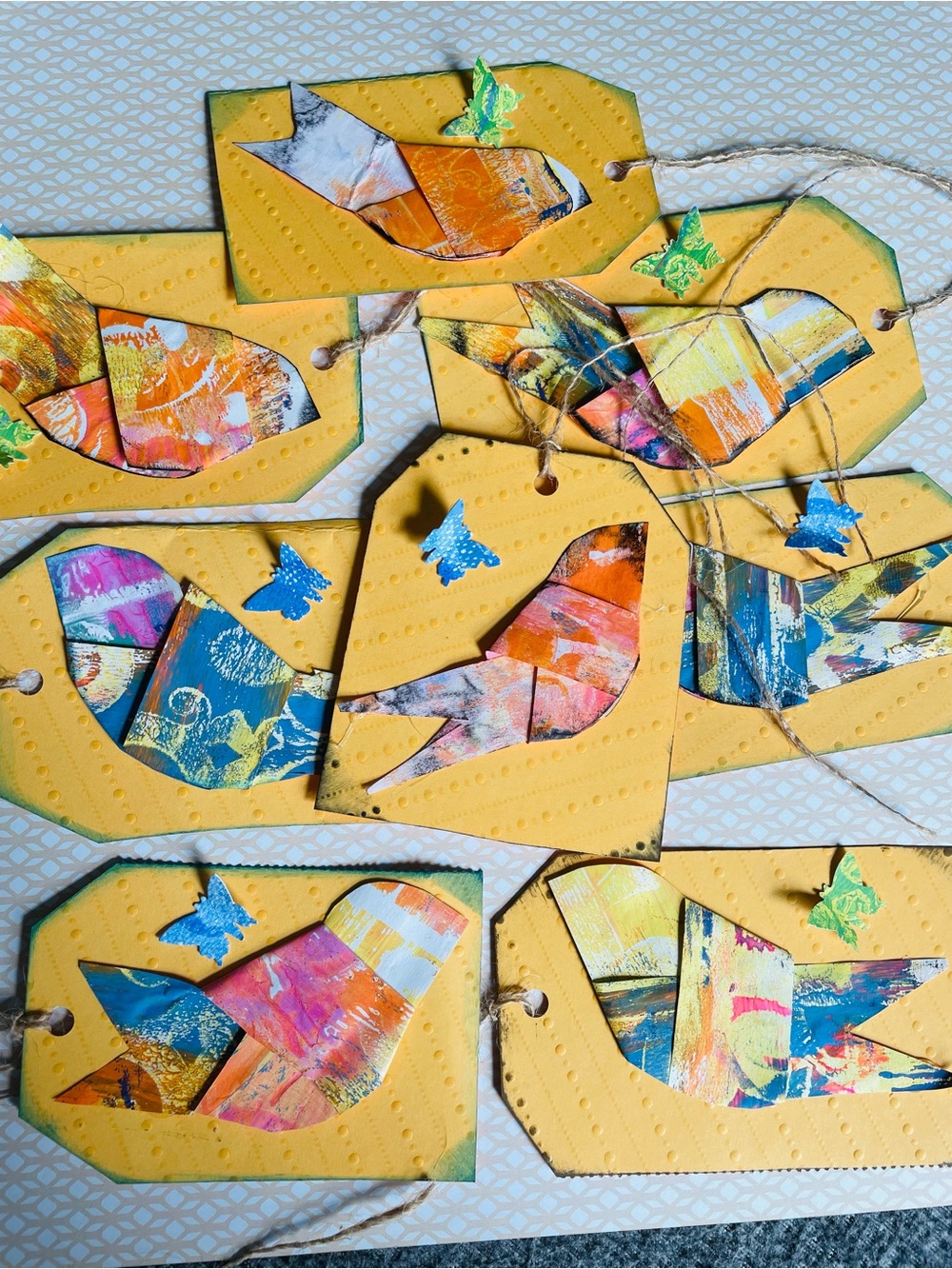 10 hand painted origami bird tags